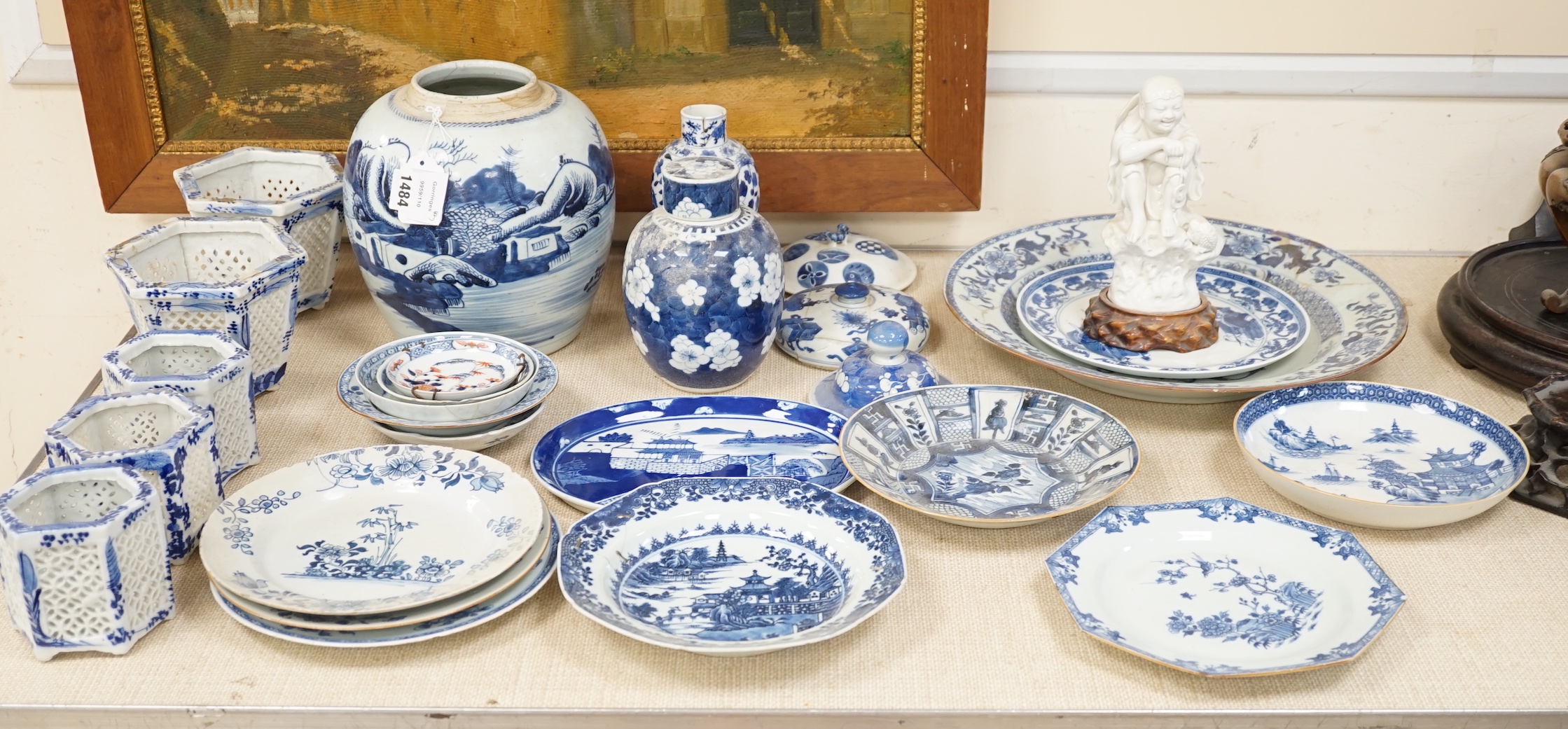 A large collection of Chinese blue and white export plates, a blanc de chine figure, two vases, a jar and five Japanese planters, jar 24cm high (a.f.)